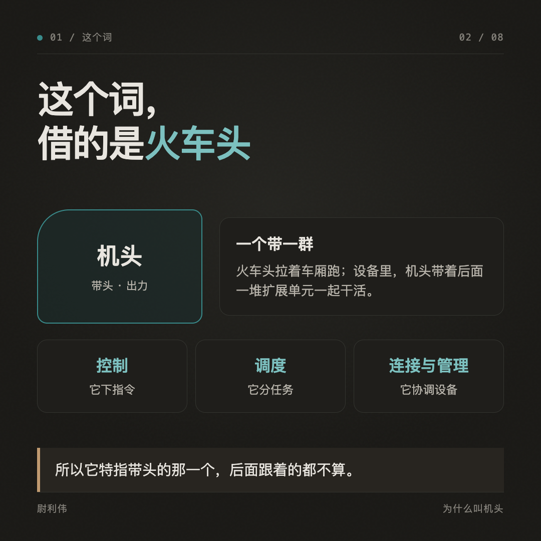 用火车头带车厢作比喻,解释机头负责控制、调度、连接与管理。