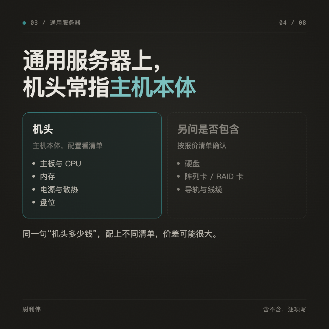 通用服务器的机头常指主机本体,硬盘、阵列卡、导轨和线缆是否包含要看报价清单。